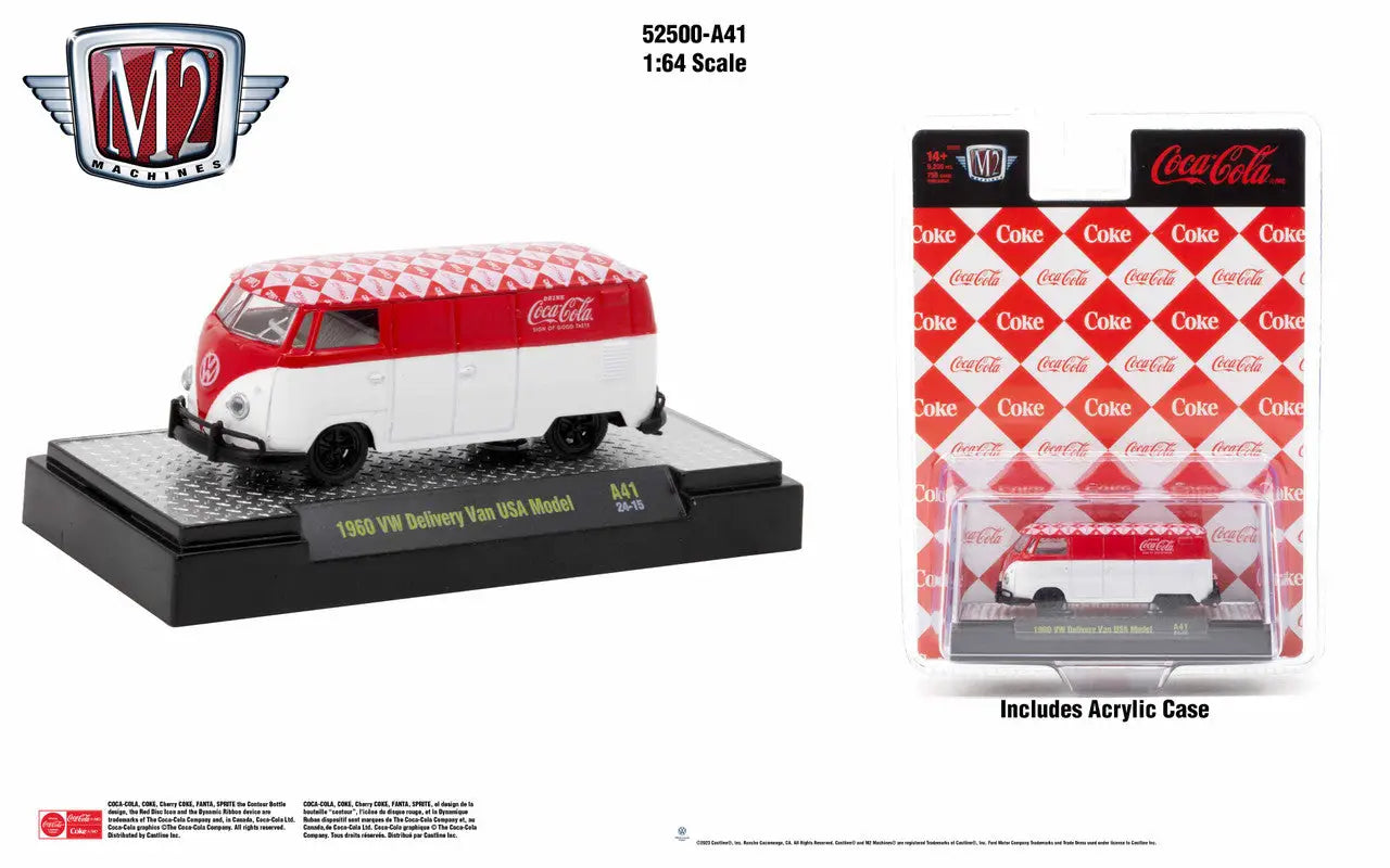 Red and white Volkswagen delivery van USA with Coca-Cola branding in M2 Machines Release A41