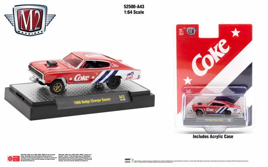 Red and silver 1966 Dodge Charger Gasser from M2 Machines Release A43 with Coca-Cola branding