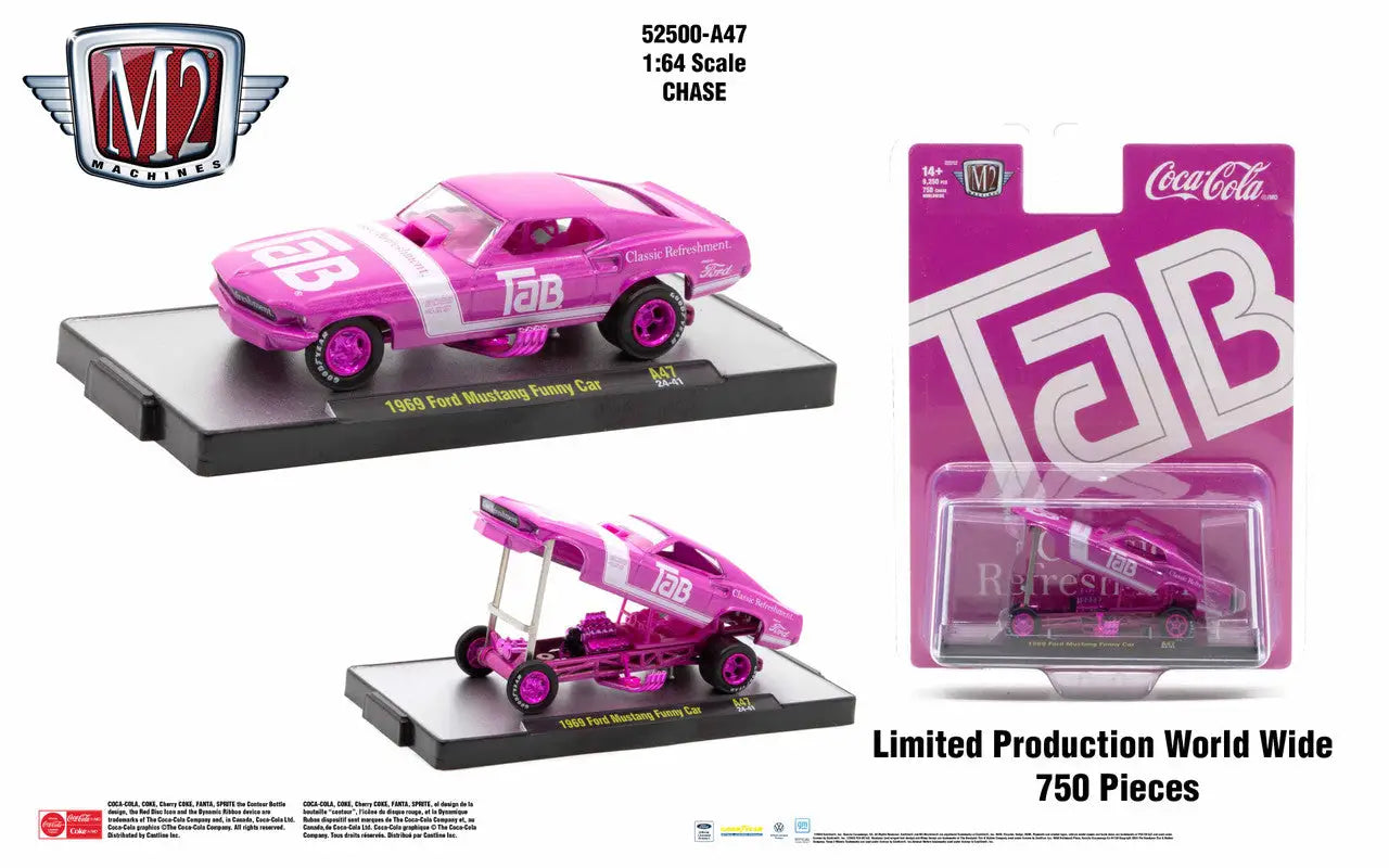 Pink M2 Machines die-cast 1969 Ford Mustang Funny Car TAB Cola model for collectors