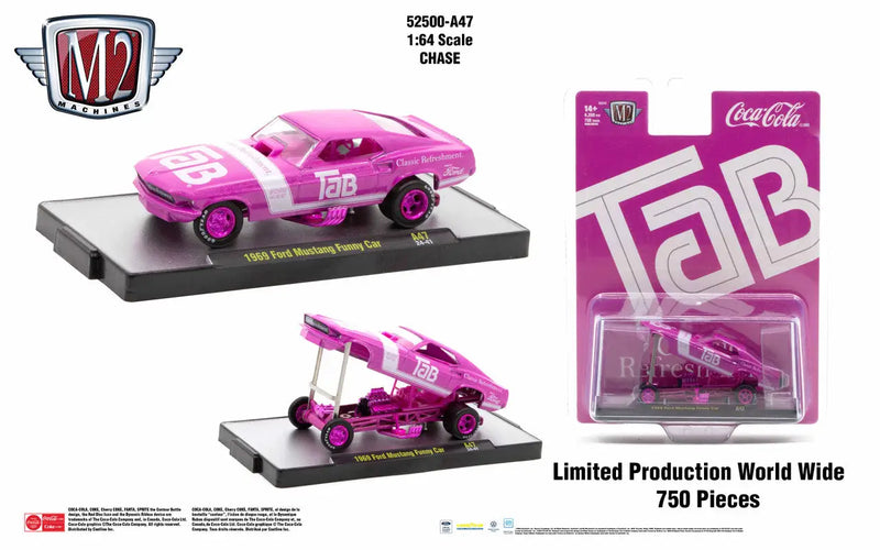 Pink M2 Machines die-cast 1969 Ford Mustang Funny Car TAB Cola model for collectors