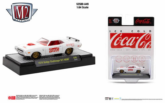 White 1970 Dodge Challenger R/T with Coca-Cola branding in M2 Machines Release A49