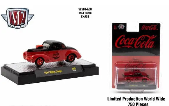 Coca-Cola-themed 1941 Willys Coupe diecast car from M2 Machines Release A50 Coupe Chase