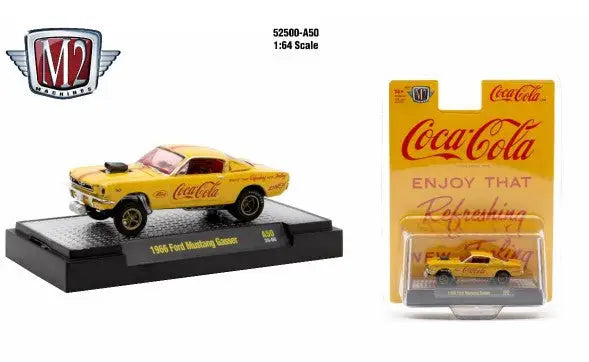 Yellow Coca-Cola Mustang Gasser toy car from M2 Machines Release A50 Ford Mustang collection