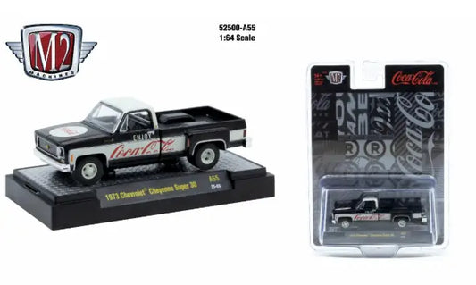 Black and white 1975 Chevrolet Cheyenne Super 20 Coca-Cola die-cast truck from M2 Machines Release A55
