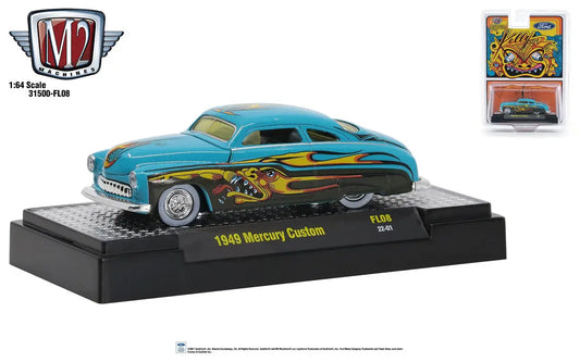 Turquoise 1949 Mercury Custom FL08 with yellow flames in M2 Machines Ford Kelly Son display