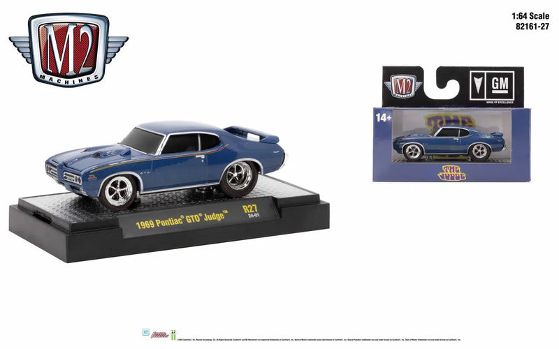 Blue classic Pontiac GTO Judge model on display stand from M2 Machines Ground Pounder R27