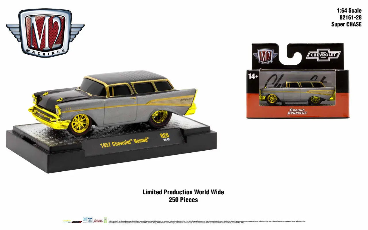 1957 Chevrolet Nomad station wagon die-cast model in gray with yellow wheels for M2 Machines Ground Pounder