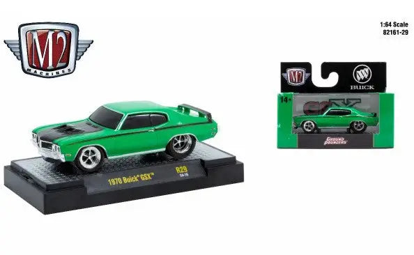 Green 1970 Buick GSX diecast car from M2 Machines Ground Pounder collection
