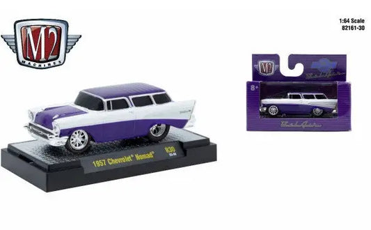 Purple and white 1957 Chevrolet Nomad toy car from M2 Machines Ground Pounder collection