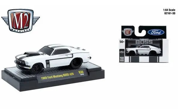 White 1969 Ford Mustang BOSS 429 diecast car from M2 Machines Ground Pounder series