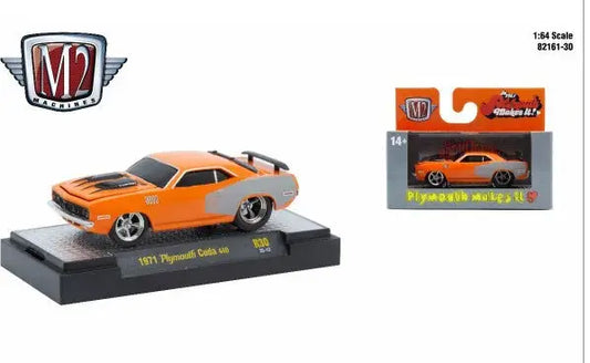 Orange and gray 1971 Plymouth Cuda diecast car from M2 Machines Ground Pounder series