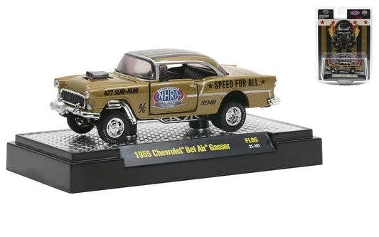 Gold Chevrolet Bel Air Gasser model on display from M2 Machines NHRA Drag Racing series