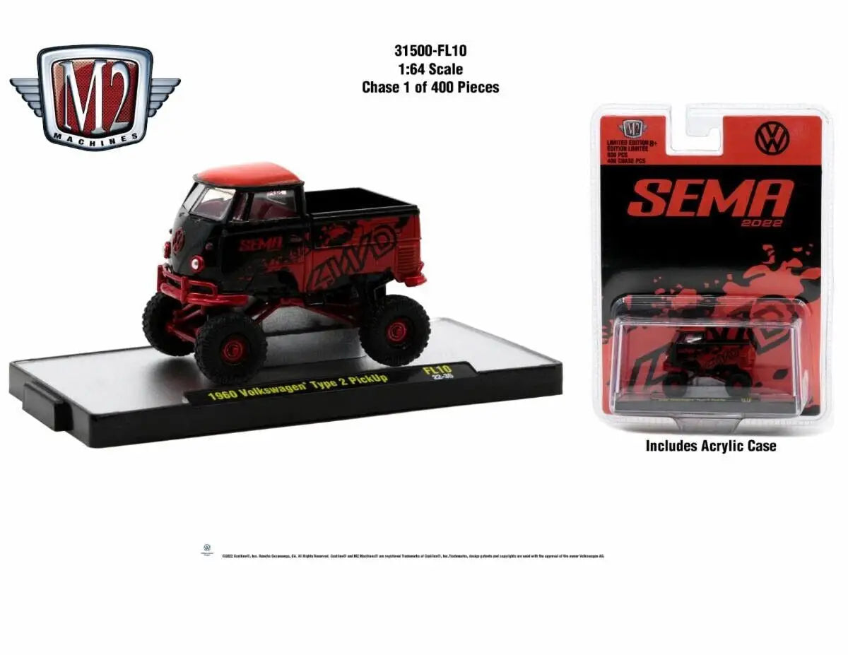 Customized Volkswagen Type 2 pickup truck with oversized wheels in M2 Machines SEMA FL10 Limited Edition