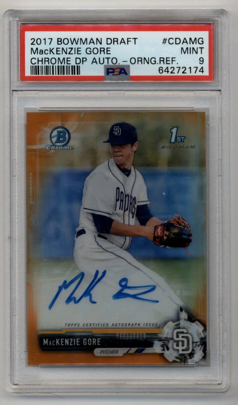 MacKenzie Gore 2017 Bowman Chrome Draft Picks Orange Refractor Auto 06/25 PSA 9 Mint - Baseball Card Single