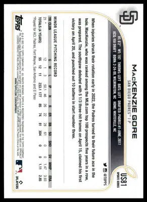 MacKenzie Gore Rookie 2022 Topps Update #US81 San Diego Padres - Baseball Card Single