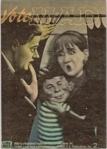 Vintage Mad Magazine Series Two cover with exaggerated facial expressions on gold hologram card