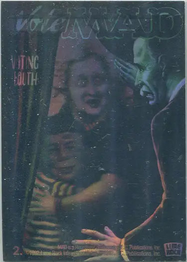 Holographic trading card showcasing expressive faces from Mad Magazine Series Two