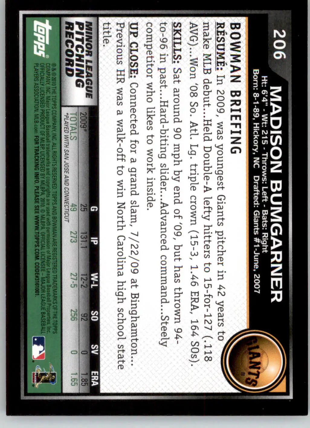 Madison Bumgarner - 2010 Bowman - #206 - RC Baseball