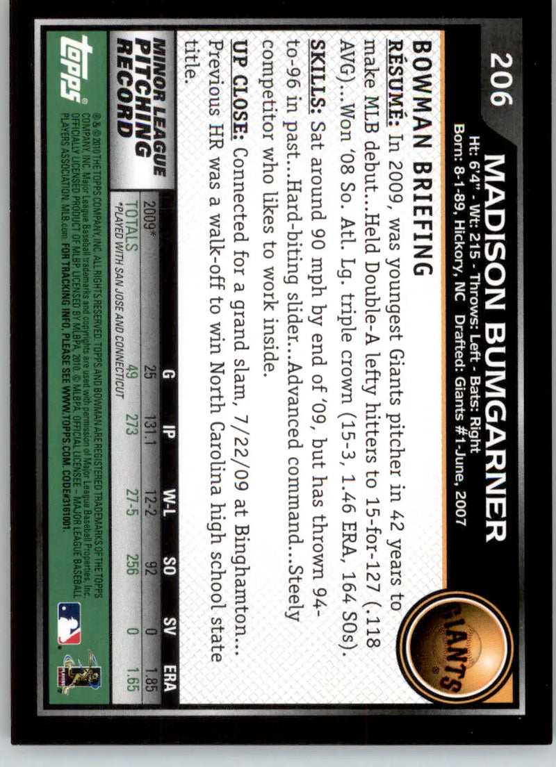 Madison Bumgarner - 2010 Bowman - #206 - RC Baseball