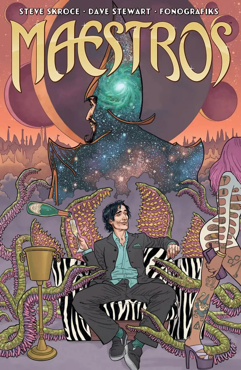 Comic book cover artwork of Maestros #1 featuring a cosmic figure in a zebra chair