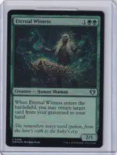 Ethereal glowing-eyed figure in misty forest for Magic Commander Masters Eternal Witness Foil