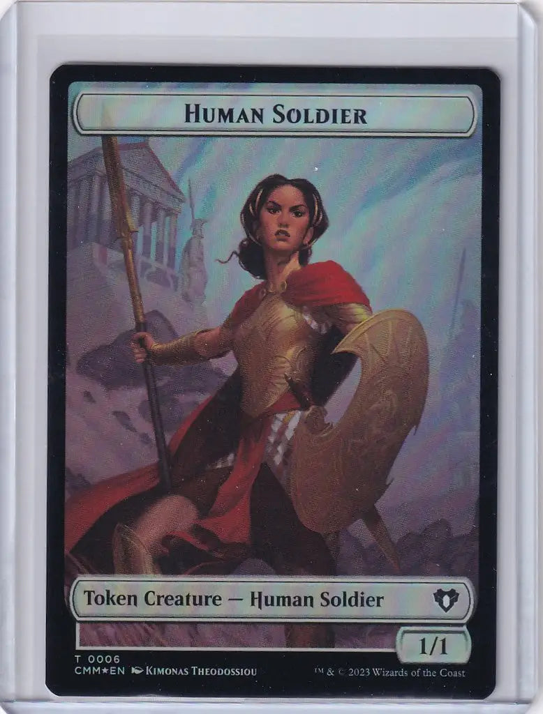 Female warrior trading card from Magic Commander Masters with shield and spear