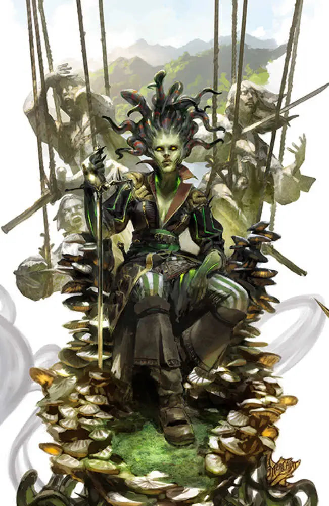 Fantastical green-skinned figure on organic throne in Magic Hidden Planeswalker trading card