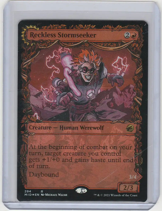 Magic Innistrad: Midnight Hunt Reckless Stormseeker Foil featuring a werewolf and lightning
