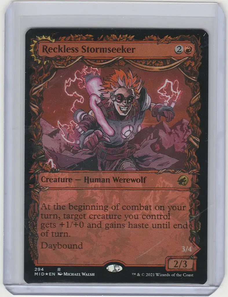 Magic Innistrad: Midnight Hunt Reckless Stormseeker Foil featuring a werewolf and lightning