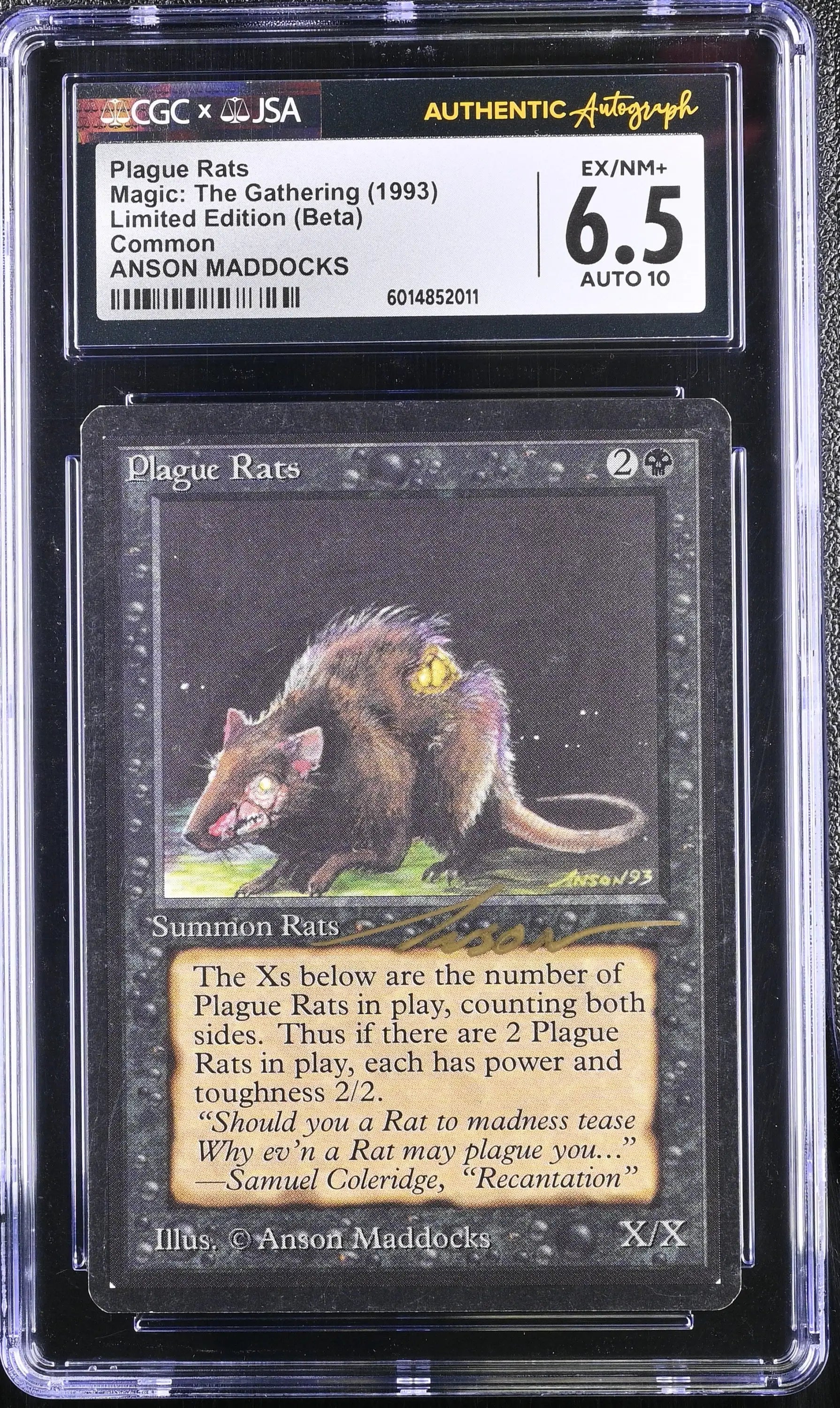 Magic MTG Plague Rats [Beta Edition] Graded CGC 6.5 Ex/NM+ JSA Anson Maddocks Autograph - Magic Card Single