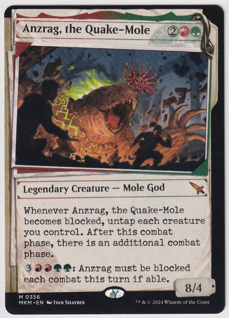 A fiery Quake-Mole emerging from chaos in Magic Murders at Karlov Manor trading card
