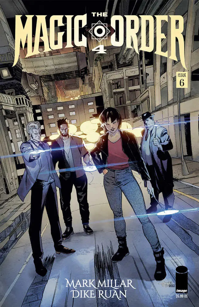 Comic book cover for Magic Order 4 #6 with characters using glowing magic in a city