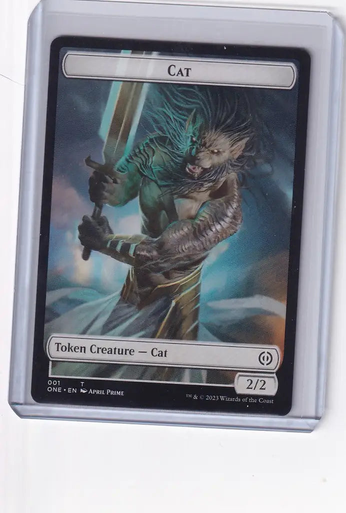 Magic Phyrexia trading card depicting a fantastical cat token with a glowing sword