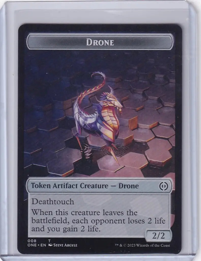 Mechanical dragon-like creature on hexagonal surface for Magic Phyrexia Drone Token 8