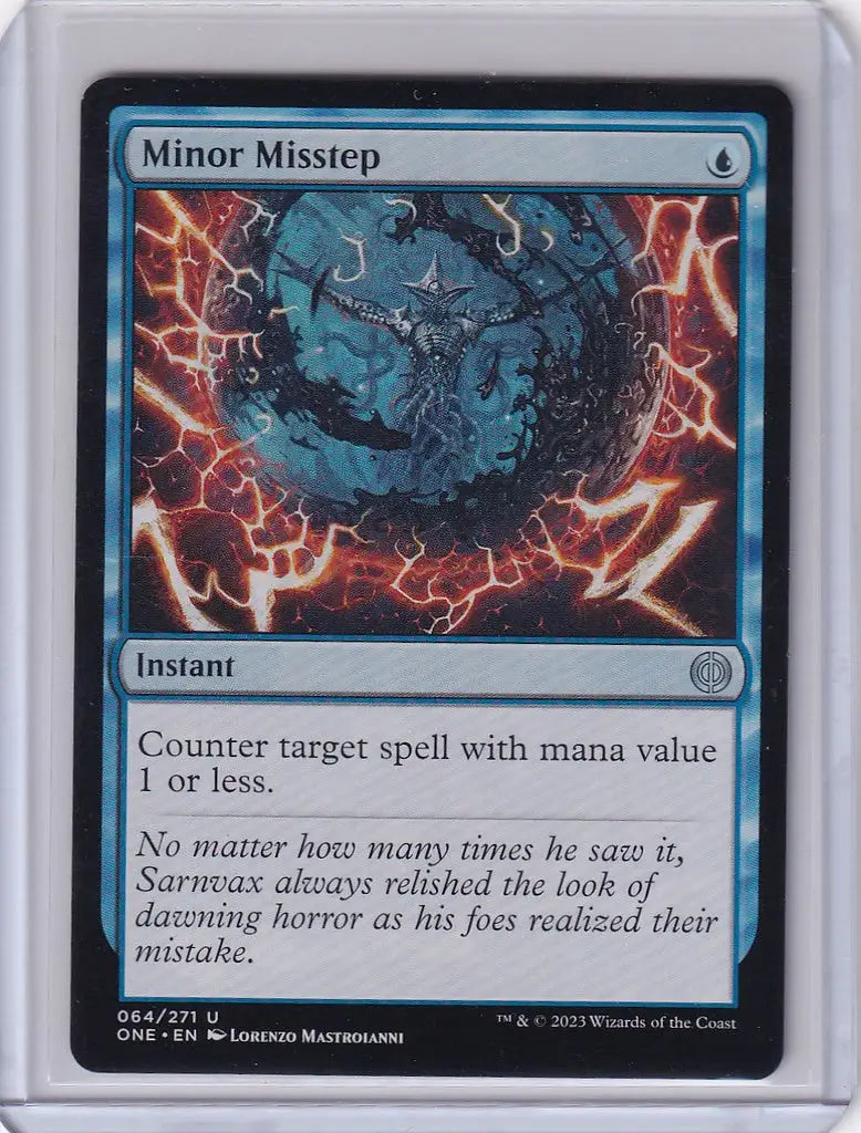 Magic Phyrexia trading card featuring the blue spell Minor Misstep displayed prominently