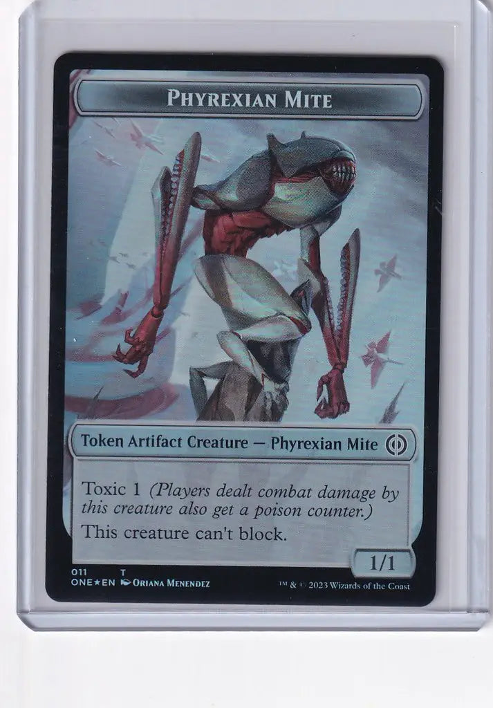 Metallic Phyrexian Mite with blade-like limbs and red core from Magic Phyrexia set