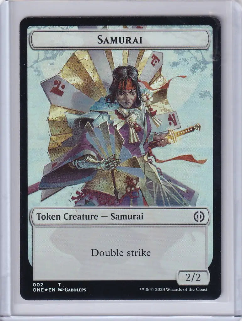 Trading card of a Samurai Foil featuring a Phyrexian Mite with fans and a sword