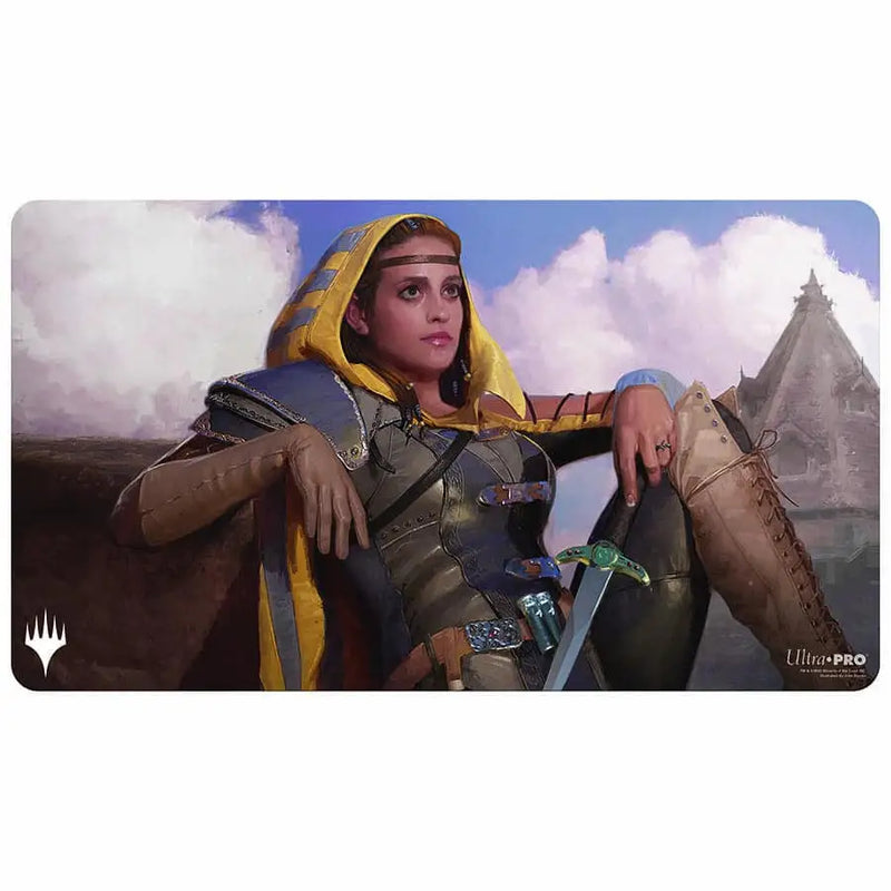 Female warrior in armor with a yellow cloak on a Magic The Gathering playmat with non-slip rubber backing