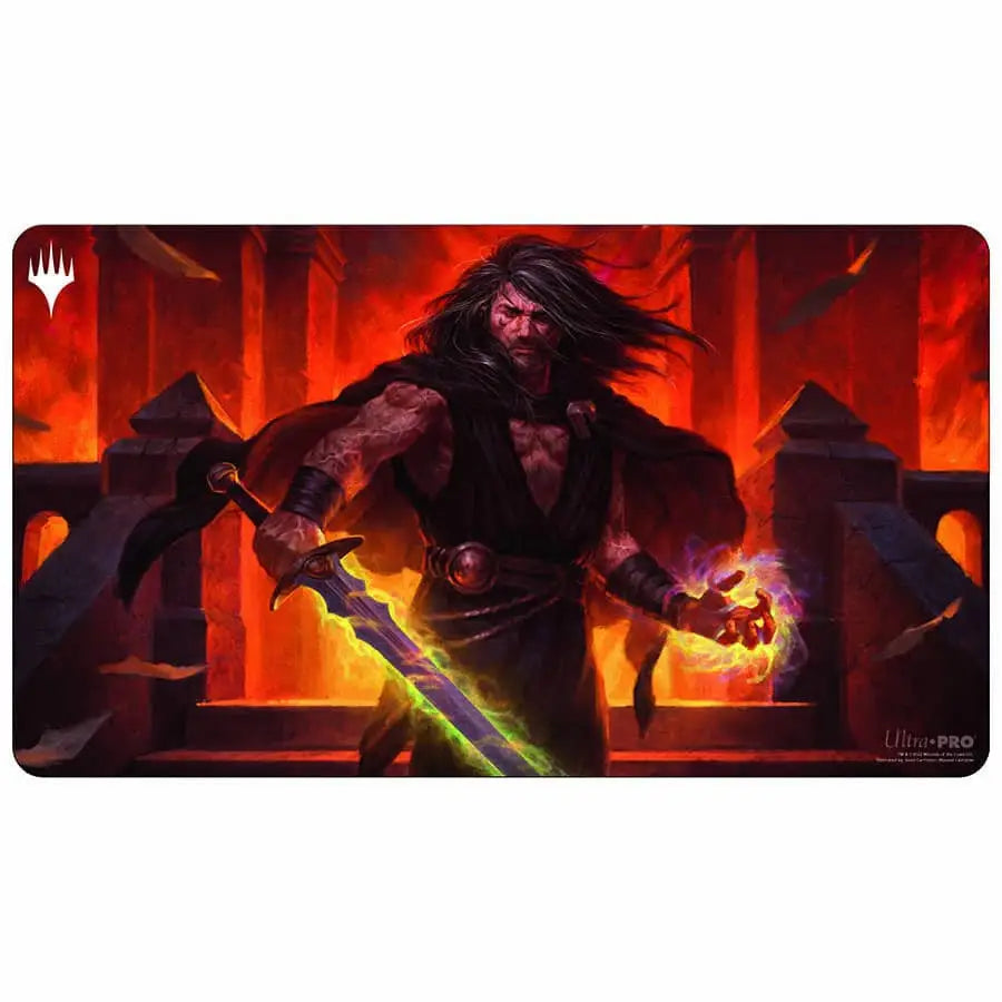 Fierce warrior with glowing sword in fiery setting on Magic The Gathering playmat B with non-slip rubber backing