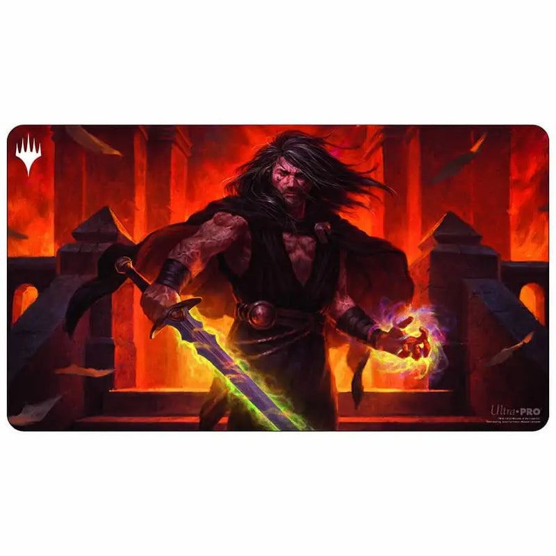 Fierce warrior with glowing sword in fiery setting on Magic The Gathering playmat B with non-slip rubber backing