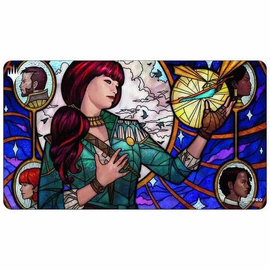 Stained glass art of a red-haired woman in green on a soft fabric Magic The Gathering playmat