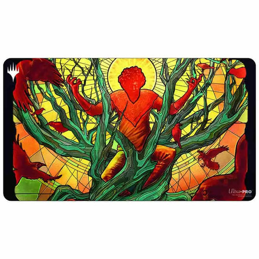 Vibrant stained glass artwork on Magic The Gathering playmat with non-slip rubber backing