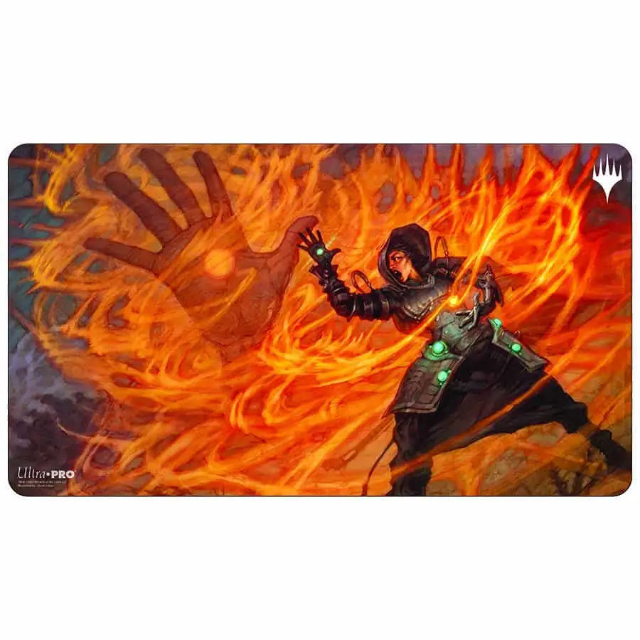 Hooded figure with fire magic on Magic The Gathering playmat featuring non-slip rubber backing