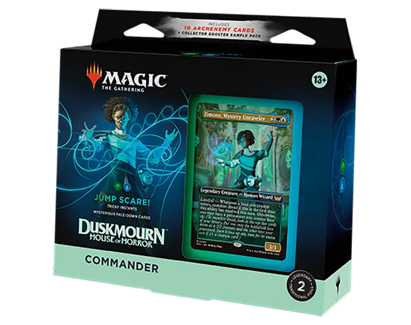 Magic: The Gathering Duskmourn Commander deck box in blue and teal horror design