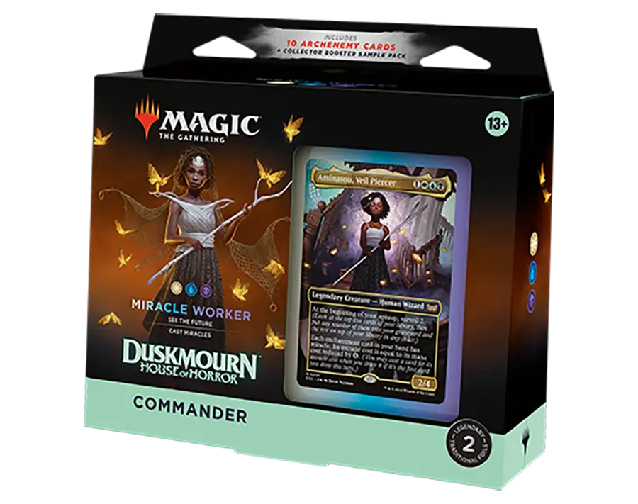 Duskmourn House of Horror Miracle Worker Commander Deck box with foil card display