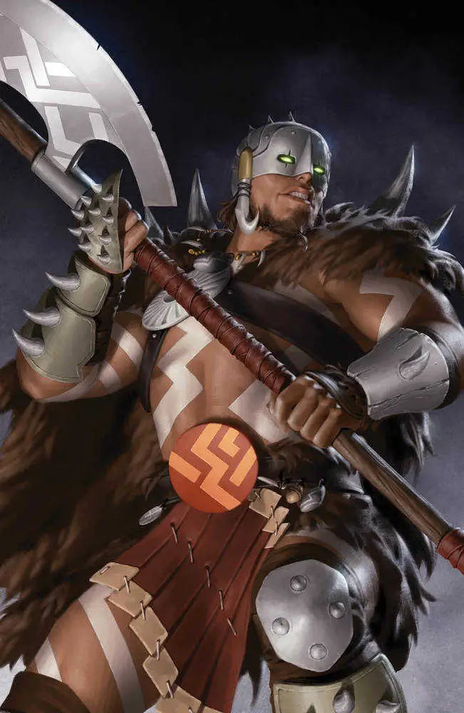 Fierce warrior in Viking armor with battle axe featured on Magic The Gathering trading cards