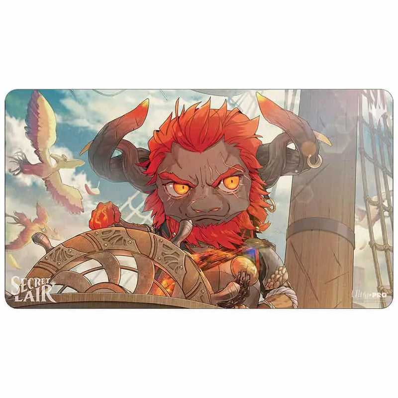 Fierce anthropomorphic creature with horns and glowing eyes on Magic The Gathering playmat