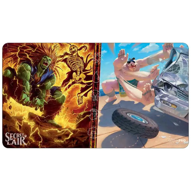 Split-image gaming playmat with fantasy and street fighting scenes, featuring non-slip rubber backing