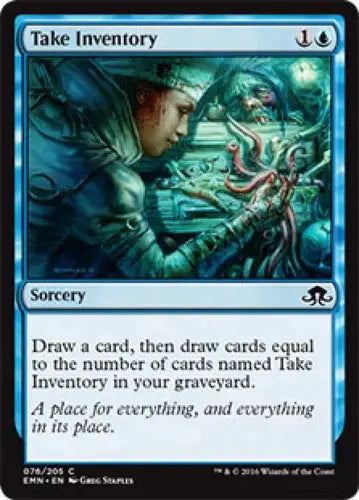 Blue Magic the Gathering card from Eldritch Moon set featuring a person examining a tentacled chest, original gloss, simply Sandoval artwork