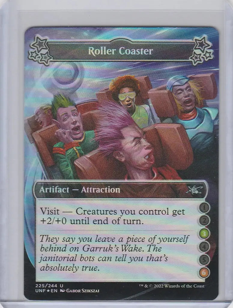 Holographic trading card of people enjoying a ride on the Magic Unfinity Roller Coaster